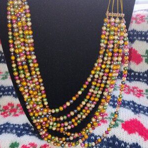 Multi strand multi color simulated pearl necklace in gold tone metal
